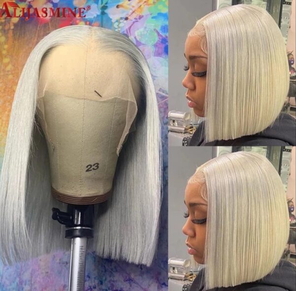 14 Inch Grey Color Brazilian Real Virgin Human Hair Wig Pre-Plucked Short Bob Pixie Cut Full Frontal Wigs For Black Women Standard Medium Cap Size (22.5").