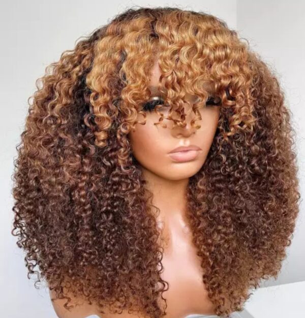 Jerry Curly Remy Human Hair Wigs With Bangs Honey Blonde Ombré Bone Machine-Made Wig For Black Women
