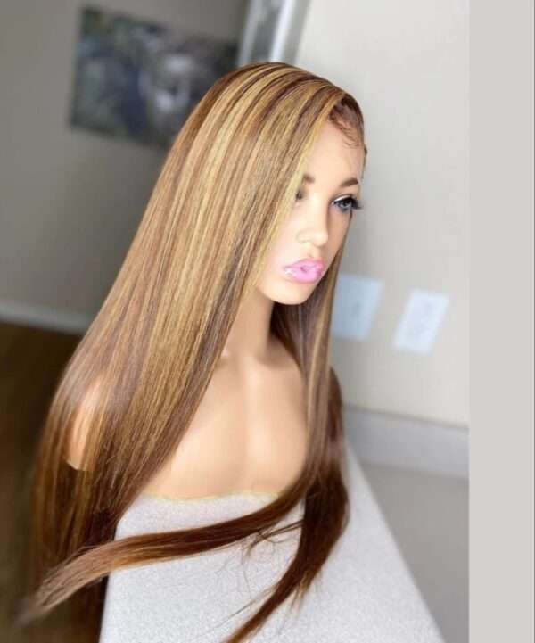 Straight Highlight Brown Human Hair Frontal Wig close-up with pre-plucked transparent lace