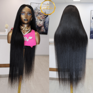 long straight black human hair lace frontal wig8 Long straight natural black human hair wig styled with middle parting