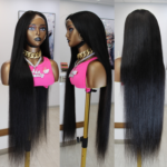 Premium Straight Natural Black Brazilian Virgin Human Hair Pre-Plucked Transparent 13x4 Lace Frontal Wig For Women 180% Density Medium Cap (22.5").