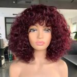Top Grade Brazilian Virgin Human Hair Wig with deep curls, 99J Burgundy color, 12 inches length, and 180% density. Full Machine-Made Wig with Medium Cap Size (22.5").