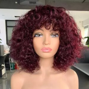 Top Grade Brazilian Virgin Human Hair Wig with deep curls, 99J Burgundy color, 12 inches length, and 180% density. Full Machine-Made Wig with Medium Cap Size (22.5").