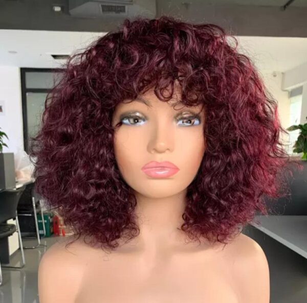 Top Grade Brazilian Virgin Human Hair Wig with deep curls, 99J Burgundy color, 12 inches length, and 180% density. Full Machine-Made Wig with Medium Cap Size (22.5").