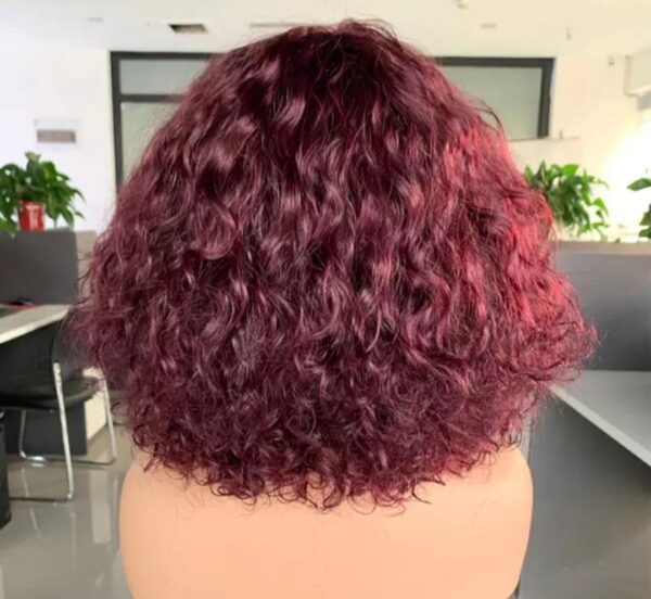Top Grade Brazilian Virgin Human Hair Wig with deep curls, 99J Burgundy color, 12 inches length, and 180% density. Full Machine-Made Wig with Medium Cap Size (22.5").
