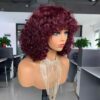 Top Grade Brazilian Virgin Human Hair Wig with deep curls, 99J Burgundy color, 12 inches length, and 180% density. Full Machine-Made Wig with Medium Cap Size (22.5").