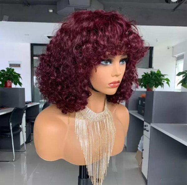 Top Grade Brazilian Virgin Human Hair Wig with deep curls, 99J Burgundy color, 12 inches length, and 180% density. Full Machine-Made Wig with Medium Cap Size (22.5").