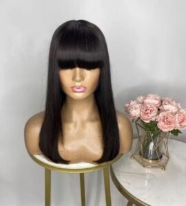 Unprocessed Natural Black Color 1b Virgin Human Hair Wig With Bangs Medium Cap 225 Brazilian Straight Bob Glueless No Lace Machine Made Wig For Women