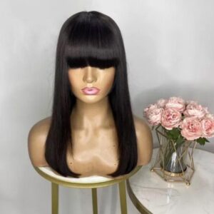 Unprocessed Natural Black Color #1b Virgin Human Hair Wig With Bangs Medium Cap (22.5) Brazilian Straight Bob Glueless No Lace Machine-Made Wig For Women.