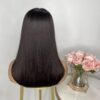Unprocessed Natural Black Color #1b Virgin Human Hair Wig With Bangs Medium Cap (22.5) Brazilian Straight Bob Glueless No Lace Machine-Made Wig For Women.