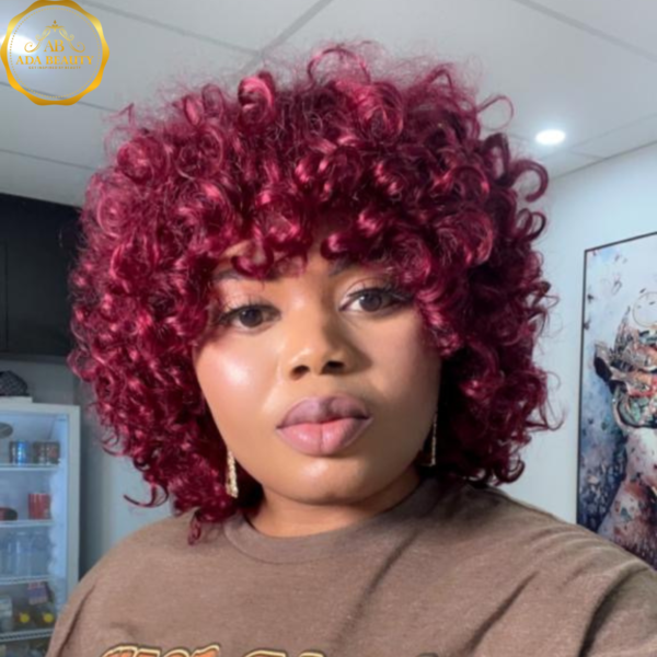 Deep Curly Coloured Human Hair Wig with Bangs