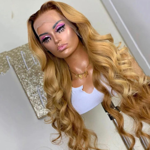 30 Inch Honey Blonde Dark Brown Roots 100% Human Hair Wig Luxurious Brazilian Natural Wavy 13x4 HD Transparent Lace Frontal Wigs For Women 180 Density.