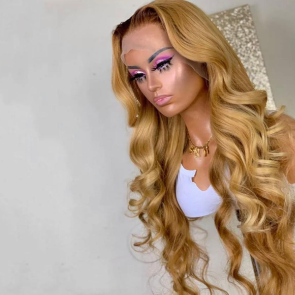 30 Inch Honey Blonde Dark Brown Roots 100% Human Hair Wig Luxurious Brazilian Natural Wavy 13x4 HD Transparent Lace Frontal Wigs For Women 180 Density.