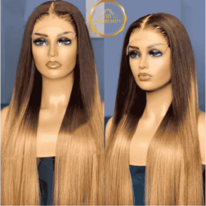 Pre-plucked ombre T4/24 brown roots straight 13x4 lace frontal wig, made from premium Brazilian human hair, 180% density, and 22.5" cap size. Ideal for black and white women.