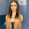 Pre-plucked ombre T4/24 brown roots straight 13x4 lace frontal wig, made from premium Brazilian human hair, 180% density, and 22.5" cap size. Ideal for black and white women.