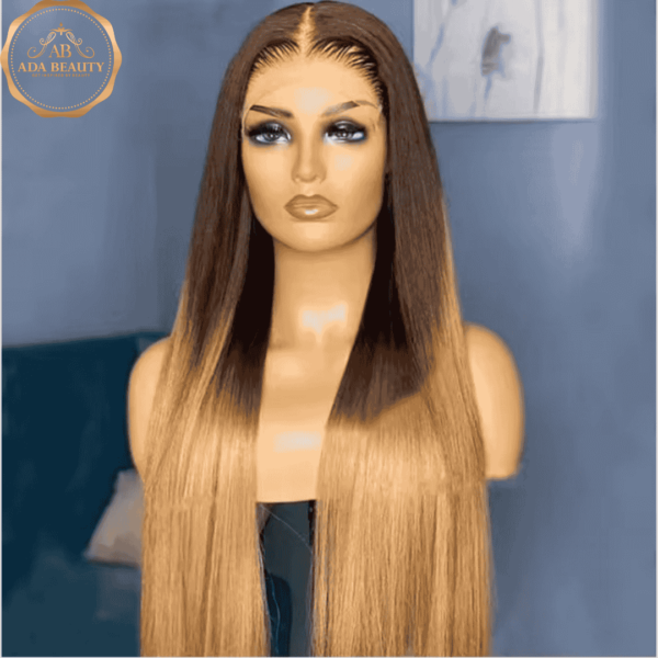 Pre-plucked ombre T4/24 brown roots straight 13x4 lace frontal wig, made from premium Brazilian human hair, 180% density, and 22.5" cap size. Ideal for black and white women.