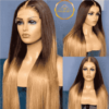 Pre-plucked ombre T4/24 brown roots straight 13x4 lace frontal wig, made from premium Brazilian human hair, 180% density, and 22.5" cap size. Ideal for black and white women.