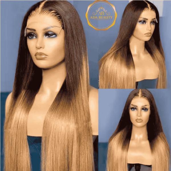 Pre-plucked ombre T4/24 brown roots straight 13x4 lace frontal wig, made from premium Brazilian human hair, 180% density, and 22.5" cap size. Ideal for black and white women.