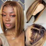 Premium Quality Brazilian Virgin 100% Human Hair Wig Highlight Brown Pre-Plucked Straight Short Bob Wig For Women with Standard Medium Cap Size (22.5") 180% Density.