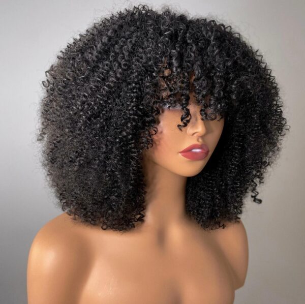 ADA BEAUTY Natural Black Spring Curls Human Hair Wig with bangs, made from 100% premium virgin human hair. Soft, bouncy curls for a chic, natural look. Adjustable medium cap for a secure fit.