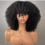 ADA BEAUTY Natural Black Spring Curls Human Hair Wig with bangs, made from 100% premium virgin human hair. Soft, bouncy curls for a chic, natural look. Adjustable medium cap for a secure fit.