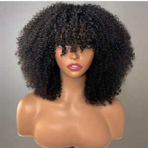 ADA BEAUTY Natural Black Spring Curls Human Hair Wig with bangs, made from 100% premium virgin human hair. Soft, bouncy curls for a chic, natural look. Adjustable medium cap for a secure fit.