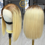 Premium Brazilian Virgin 100% Human Hair Straight Wig 613 Blonde Ombre Bob Wig with Brown Root Transparent 13x4 Lace Front 180% Density For Women.