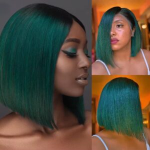 Premium Brazilian Real Virgin Human Hair Wig 12 Inch Straight Dark Green Short Bob Wigs For Women Pre-Plucked 13x4 Transparent Lace Frontal 180% Density. 