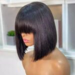 No Lace Front Brazilian Bob Wig with Fringe For Women Premium 100% Real Virgin Human Hair Natural Black Short Wig with Bangs 180 Density Full Machine Made.