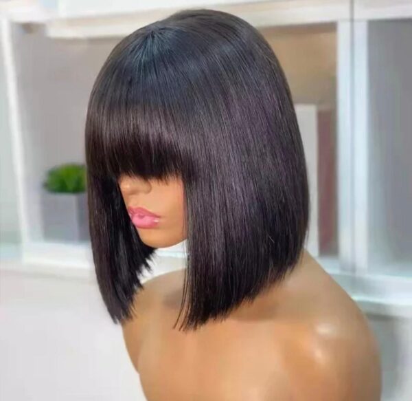 No Lace Front Brazilian Bob Wig with Fringe For Women Premium 100% Real Virgin Human Hair Natural Black Short Wig with Bangs 180 Density Full Machine Made.