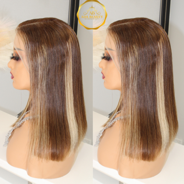 Premium Quality Brazilian Virgin 100% Human Hair Wig Highlight Brown Pre-Plucked Straight Short Bob Wig For Women with Standard Medium Cap Size (22.5") 180% Density.