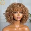 Honey Blonde Colored Short Bob 100% Virgin Human Hair Wig With Bangs Brazilian Jerry Curly Glueless Ready To Wear Fringe Wigs For Black Women.