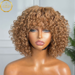 Honey Blonde Colored Short Bob 100% Virgin Human Hair Wig With Bangs Brazilian Jerry Curly Glueless Ready To Wear Fringe Wigs For Black Women.