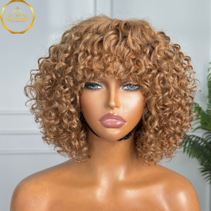 Honey Blonde Colored Short Bob 100% Virgin Human Hair Wig With Bangs Brazilian Jerry Curly Glueless Ready To Wear Fringe Wigs For Black Women.
