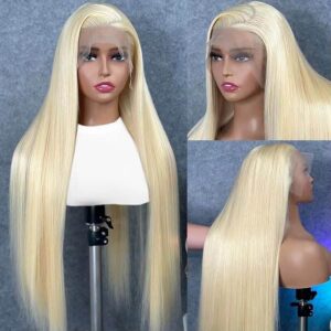 613 Blonde Brazilian Real Virgin Human Hair Wig for Women - Pre-Plucked `Transparent Lace Frontal Wig, showcasing a natural look and soft texture, perfect for stylish women seeking high-quality human hair wigs.