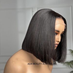 Achieve a flawless look with our 12 Inch Bob Pre-Plucked 5x5 Glueless Human Hair. This wig features a pre-bleached HD lace hairline for a natural finish.