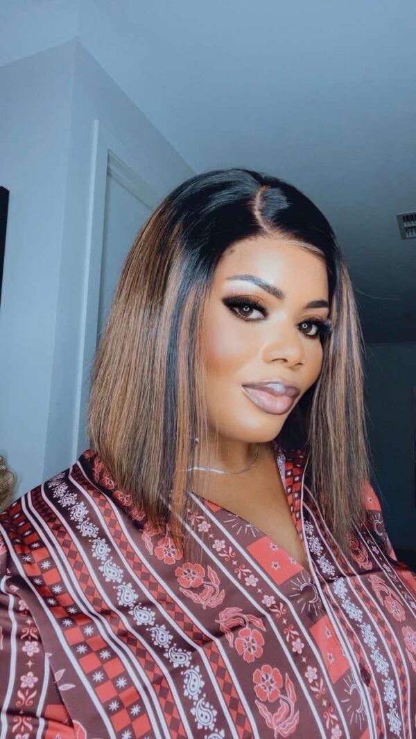 12 Inch Short Bob Dark Roots Brazilian Real Human Hair Ready To Wear Wig Luxury Highlight Brown Glueless 9x6 HD Lace Closure Wig For Women 180% Density.
