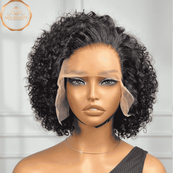 8 Inch Natural black short bob pixie curly human hair lace front wig