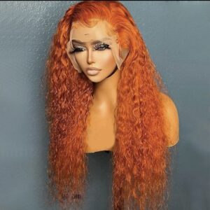 Brazilian Deep Wave Ginger Orange Lace Front Wig made from 100% virgin human hair, featuring 180% density and voluminous curls for a bold, stylish look. Perfect for women.