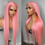 Premium Brazilian Deep Wave Luxury Pink Color Straight Lace Front Wig made from 100% virgin human hair, featuring 180% density and silky feel for an elegant, vibrant look. Perfect for women.
