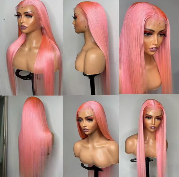 Premium Brazilian Deep Wave Luxury Pink Color Straight Lace Front Wig made from 100% virgin human hair, featuring 180% density and silky feel for an elegant, vibrant look. Perfect for women.