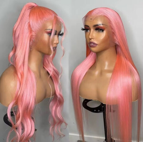 Premium Brazilian Deep Wave Luxury Pink Color Straight Lace Front Wig made from 100% virgin human hair, featuring 180% density and silky feel for an elegant, vibrant look. Perfect for women.