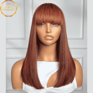 Highlight Burgundy Bob Real Virgin Human Hair Wig with Bangs - 14 Inch Brazilian Luxury Wig by ADA BEAUTY, featuring a straight bob cut and 180% Density, perfect for stylish women.