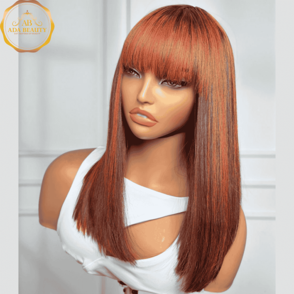 Highlight Burgundy Bob Real Virgin Human Hair Wig with Bangs - 14 Inch Brazilian Luxury Wig by ADA BEAUTY, featuring a straight bob cut and 180% Density, perfect for stylish women.
