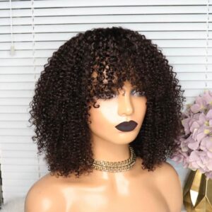 High-Grade Brazilian 100% Virgin Human Hair Wig with Bangs Short Bob Kinky Curly Wig with Fringe Full Machine-Made Natural Black Wigs For Women.