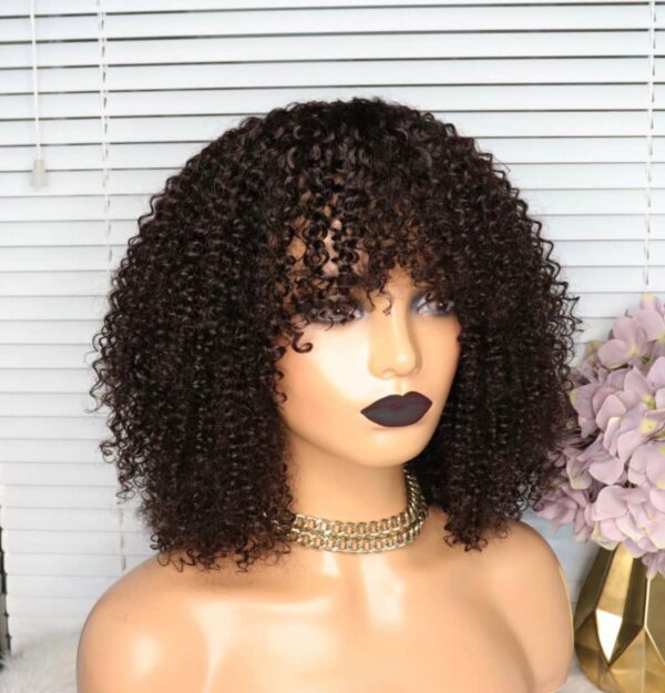 High-Grade Brazilian 100% Virgin Human Hair Wig with Bangs Short Bob Kinky Curly Wig with Fringe Full Machine-Made Natural Black Wigs For Women.