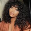 Natural Black Water Curls Real Human Hair Fringe Bangs Wigs For Women None Lace Curly Brazilian Virgin Remy Quality Wig 200% Density Medium Cap (22.5").