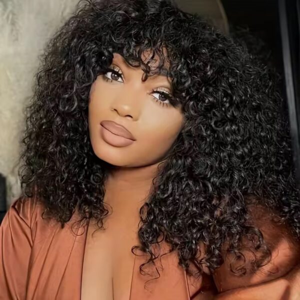 Natural Black Water Curls Real Human Hair Fringe Bangs Wigs For Women None Lace Curly Brazilian Virgin Remy Quality Wig 200% Density Medium Cap (22.5").