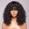 Natural Black Water Curls Real Human Hair Fringe Bangs Wigs For Women None Lace Curly Brazilian Virgin Remy Quality Wig 200% Density Medium Cap (22.5").
