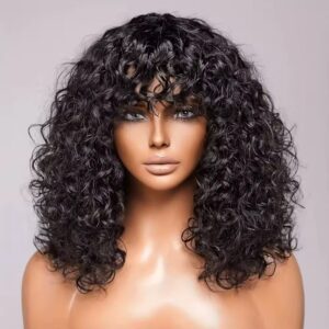 Natural Black Water Curls Real Human Hair Fringe Bangs Wigs For Women None Lace Curly Brazilian Virgin Remy Quality Wig 200% Density Medium Cap (22.5").